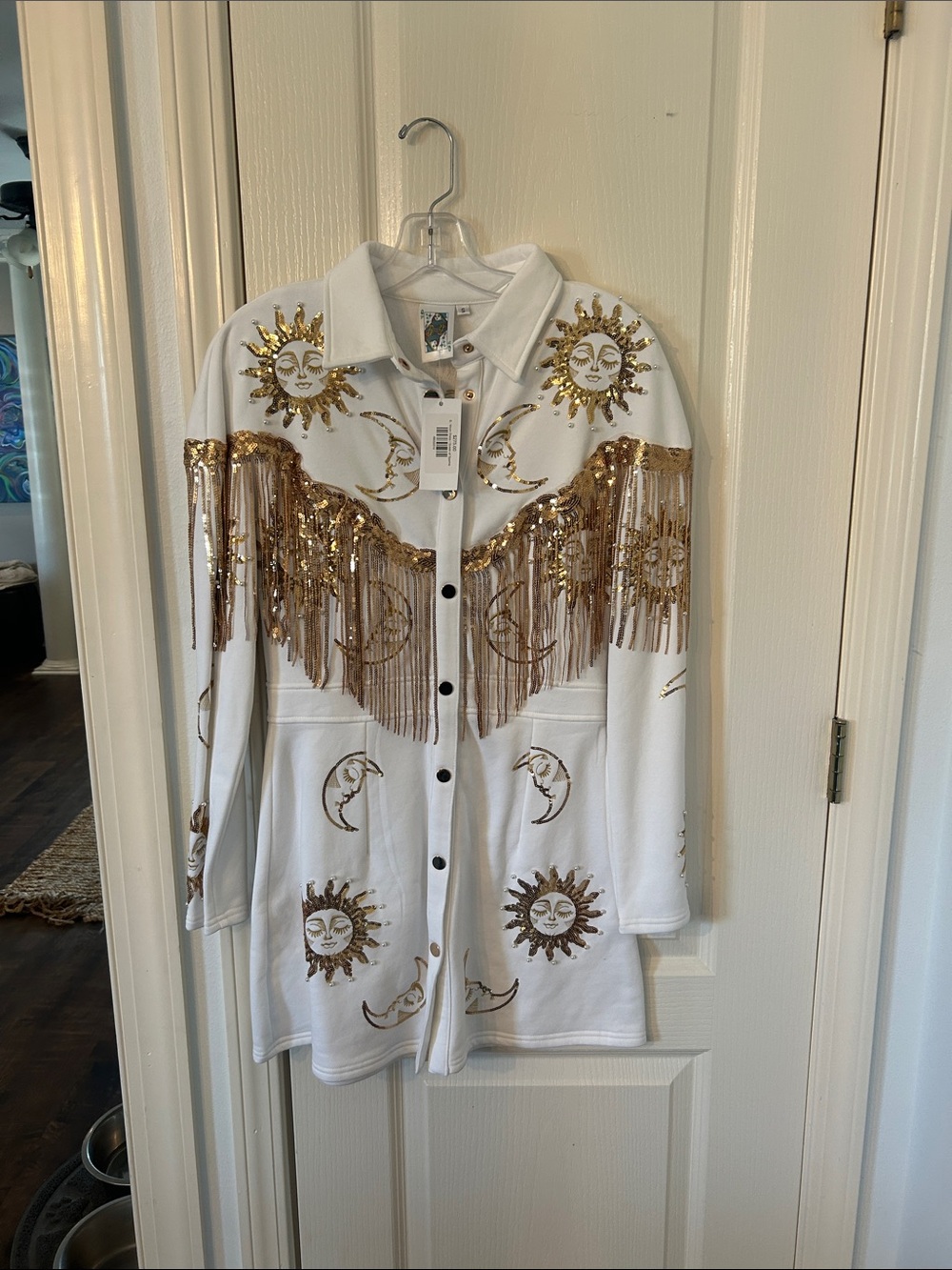 NWT Queen of Sparkles White Sun & Moon Fringe Button-Front Dress Jacket
